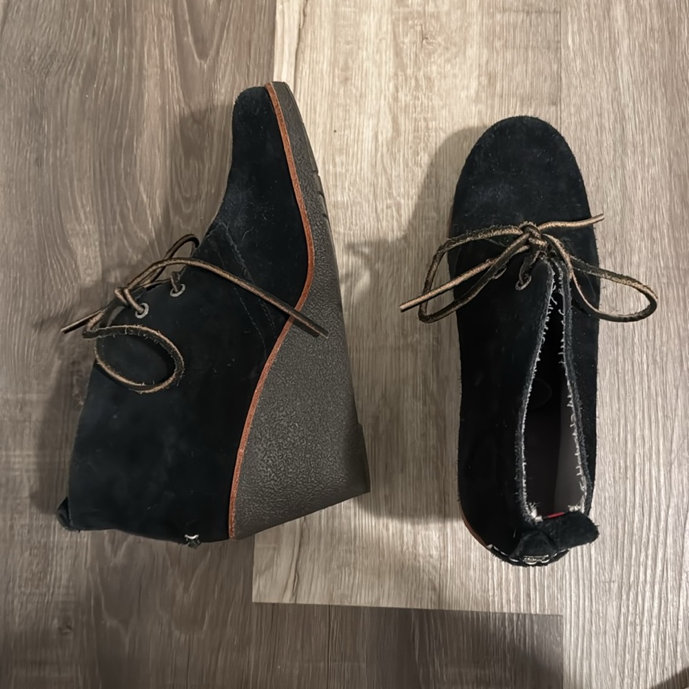 Sperry Black Suede Bootie wedge heels